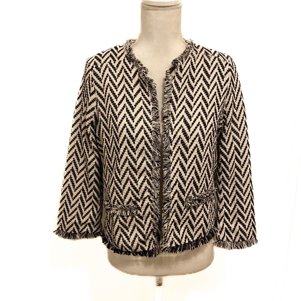 NWT MNG SUIT by MANGO Black and White Open Front Blazer With Fringe Edges Size S